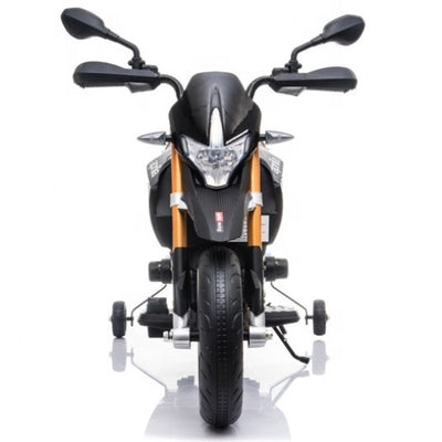 Mota Elétrica para Criança APRILIA DORSODURO 12v Preta c/ RODAS DE BORRACHA & ASSENTO EM PELE