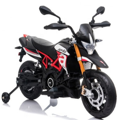 Mota Elétrica para Criança APRILIA DORSODURO 12v Preta c/ RODAS DE BORRACHA & ASSENTO EM PELE