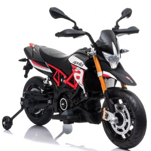 Mota Elétrica para Criança APRILIA DORSODURO 12v Preta c/ RODAS DE BORRACHA & ASSENTO EM PELE
