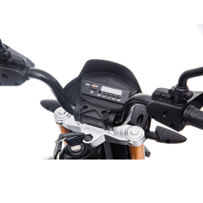 Mota Elétrica para Criança APRILIA DORSODURO 12v Preta c/ RODAS DE BORRACHA & ASSENTO EM PELE