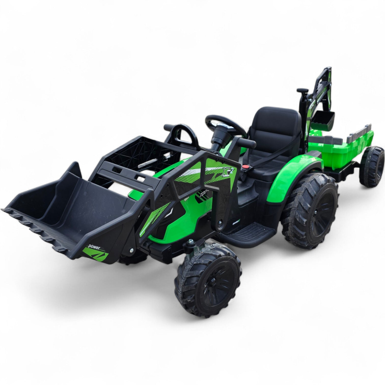 Tractor Eléctrico para Niño c/ Remolque y excavadora 12v Verde c/ RUEDAS DE GOMA & ASIENTO DE PIEL