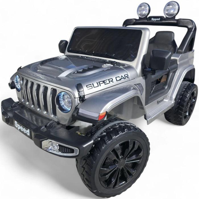 Coche Eléctrico para Niños SPEED WRANGLER 4x4 Gris Metalizado 12v con RUEDAS DE GOMA y ASIENTO DE PIEL ECOLÓGICA