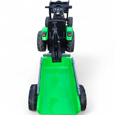 Tractor Eléctrico para Niño c/ Remolque y excavadora 12v Verde c/ RUEDAS DE GOMA & ASIENTO DE PIEL