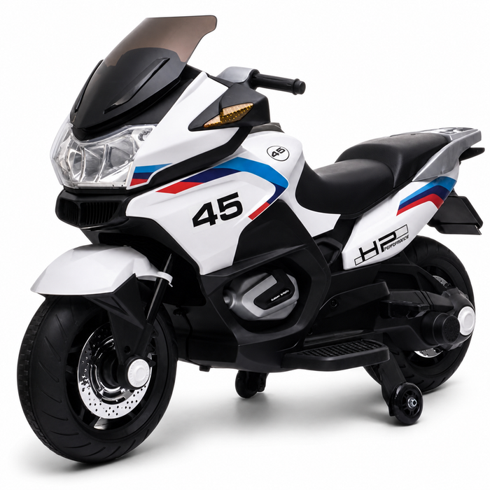 Moto Eléctrica para Niños BM Style 12v Blanca con RUEDAS DE GOMA y ASIENTO DE PIEL ECOLÓGICA