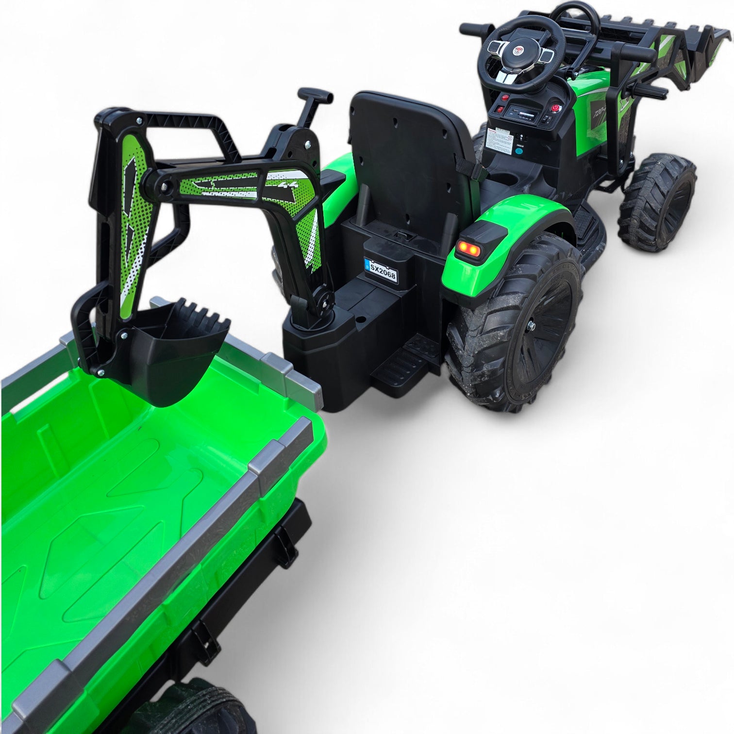 Tractor Eléctrico para Niño c/ Remolque y excavadora 12v Verde c/ RUEDAS DE GOMA & ASIENTO DE PIEL