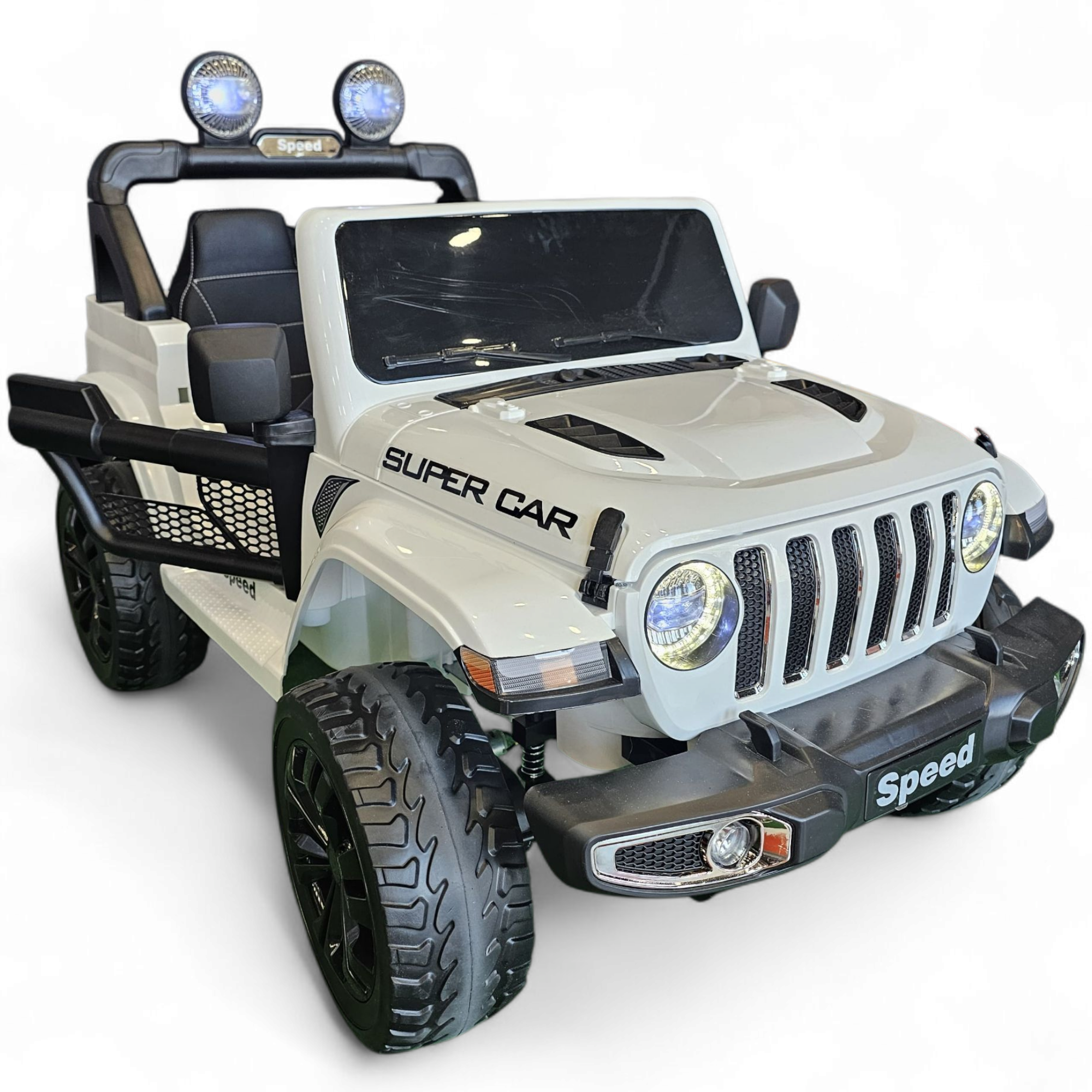 Jeep eléctrico para niños 12v con ruedas de goma y asientos de cuero