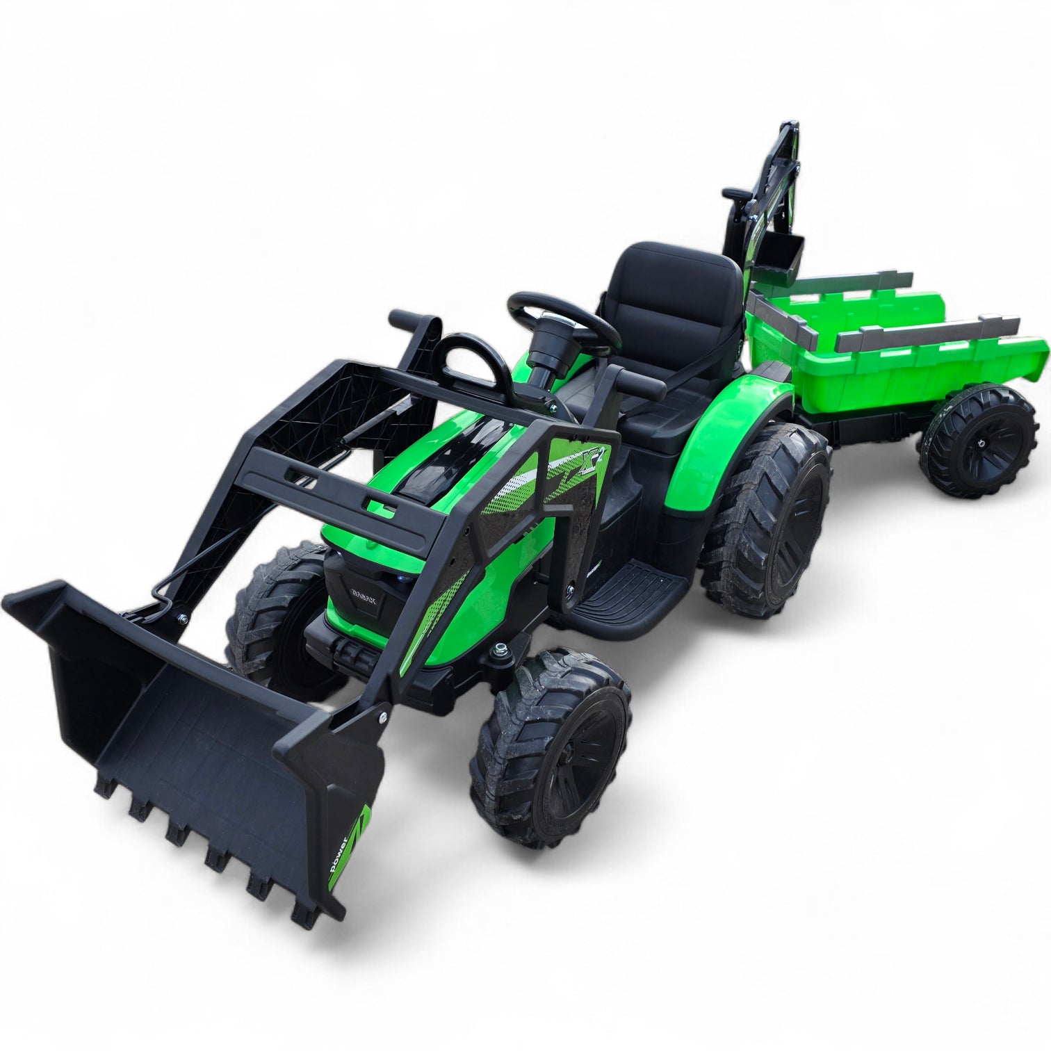 Tractor Eléctrico para Niño c/ Remolque y excavadora 12v Verde c/ RUEDAS DE GOMA & ASIENTO DE PIEL