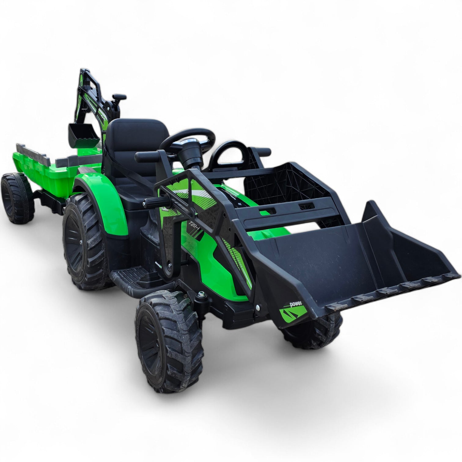 Tractor Eléctrico para Niño c/ Remolque y excavadora 12v Verde c/ RUEDAS DE GOMA & ASIENTO DE PIEL