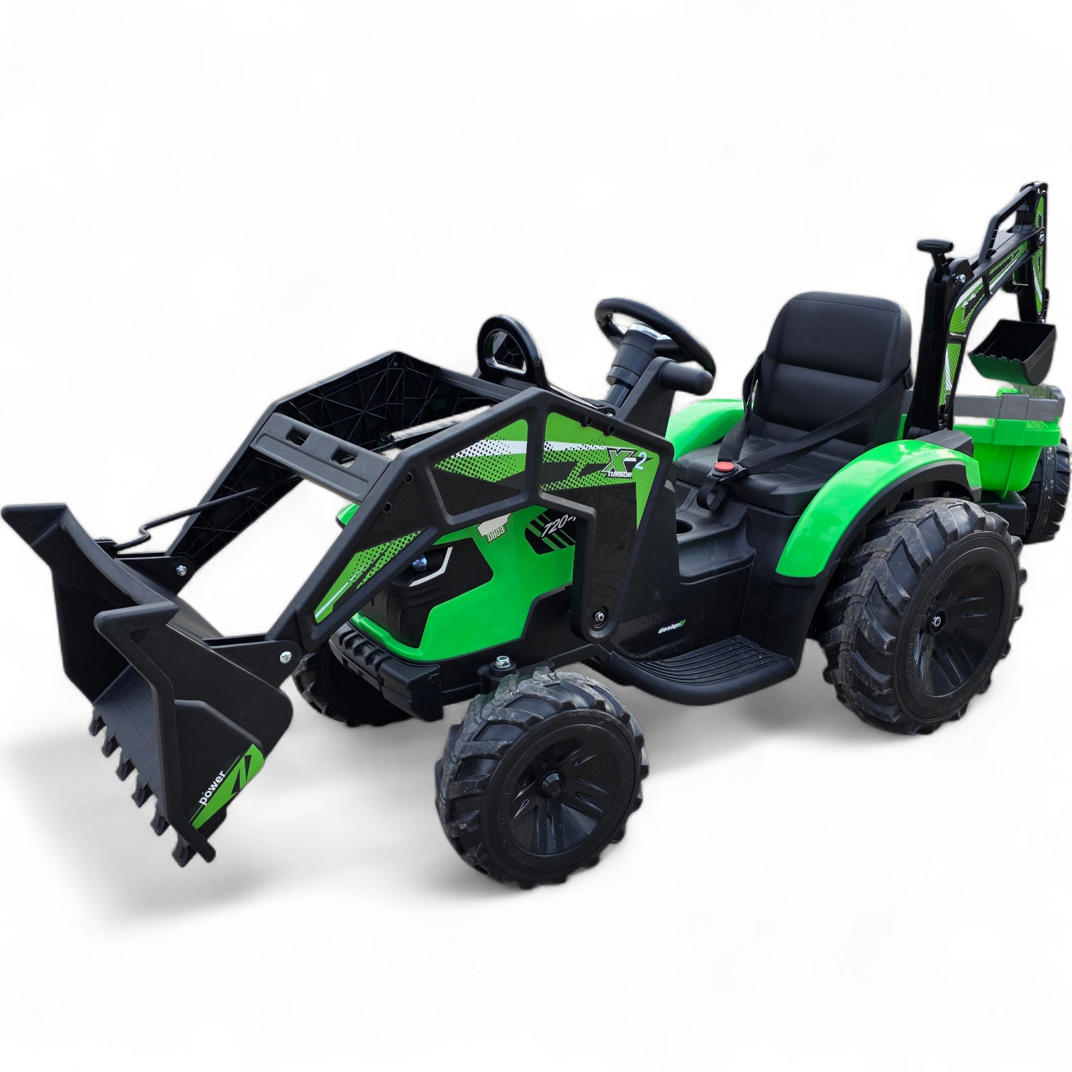 Tractor Eléctrico para Niño c/ Remolque y excavadora 12v Verde c/ RUEDAS DE GOMA & ASIENTO DE PIEL