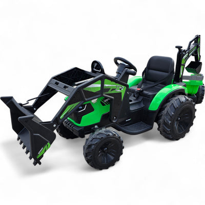 Tractor Eléctrico para Niño c/ Remolque y excavadora 12v Verde c/ RUEDAS DE GOMA & ASIENTO DE PIEL