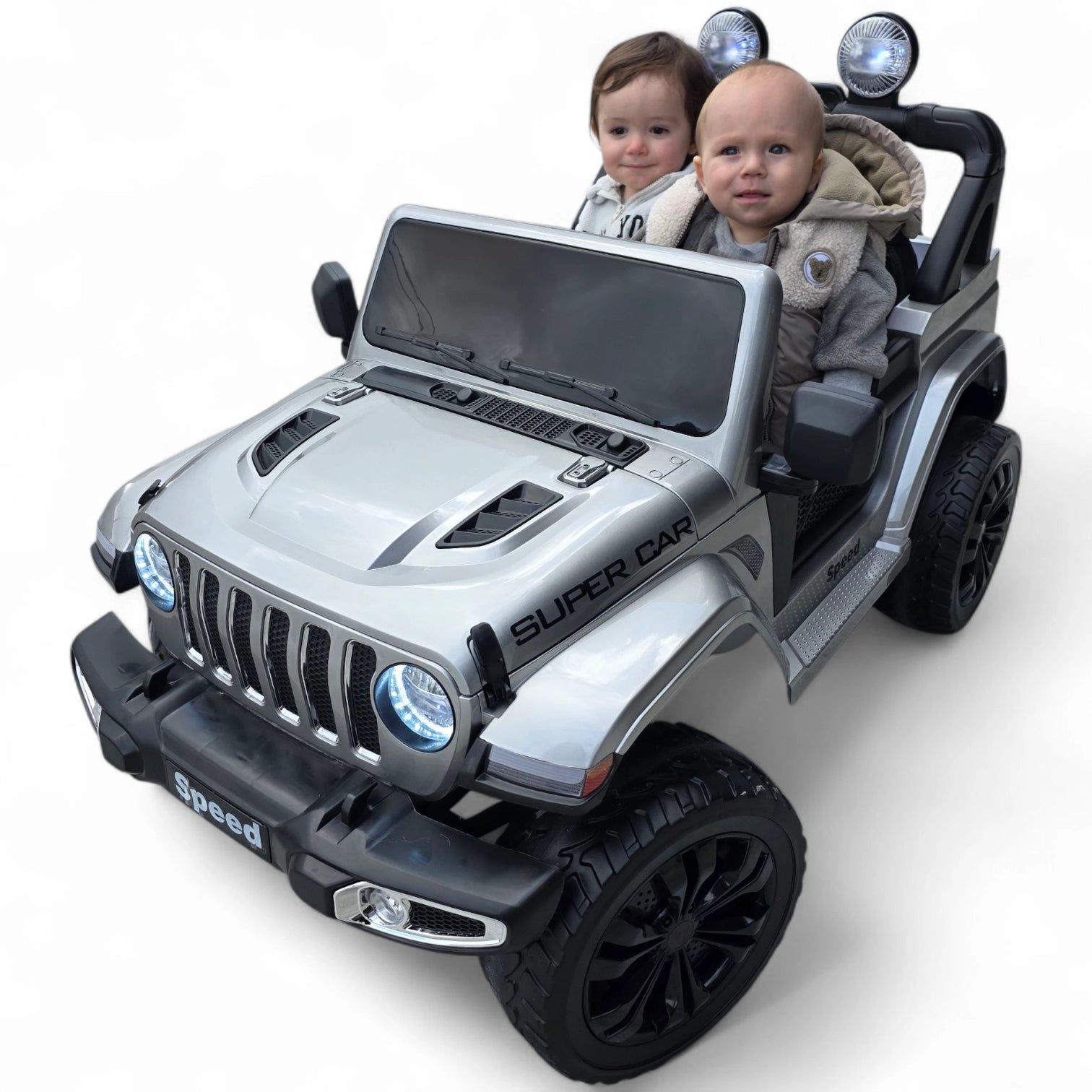 Carro Elétrico para Criança SPEED WRANGLER 4x4 Cinza Metalizado 12v c/ RODAS DE BORRACHA & ASSENTO EM PELE