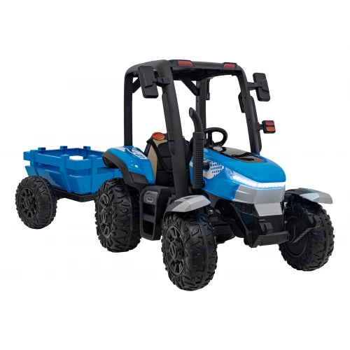 Tractor Eléctrico para Niños con Remolque 24v Azul c/ RUEDAS DE GOMA & ASIENTO DE PIEL