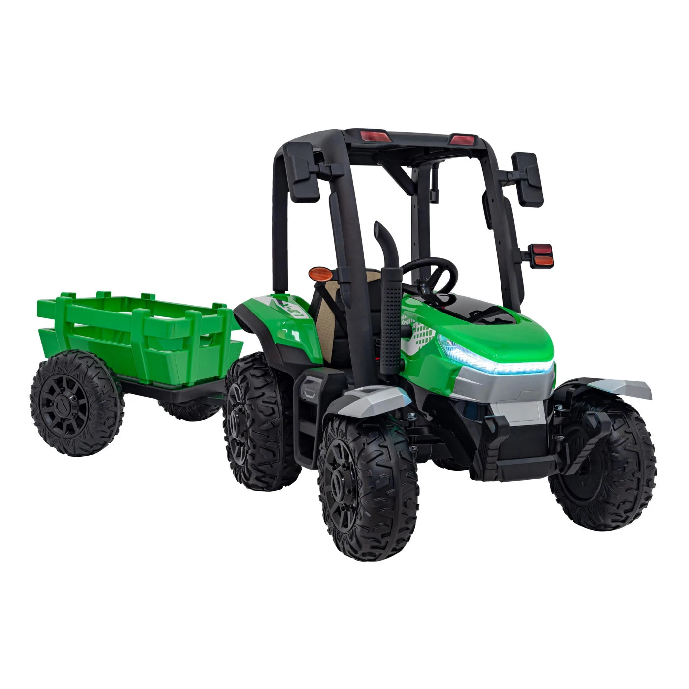 Tractor Eléctrico para Niños con Remolque 24v Verde c/ RUEDAS DE GOMA & ASIENTO DE PIEL