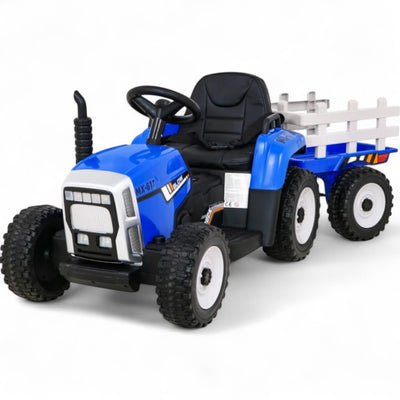 Tractor Eléctrico para Niños con Remolque 12v Azul c/ RUEDAS DE GOMA & ASIENTO DE PIEL