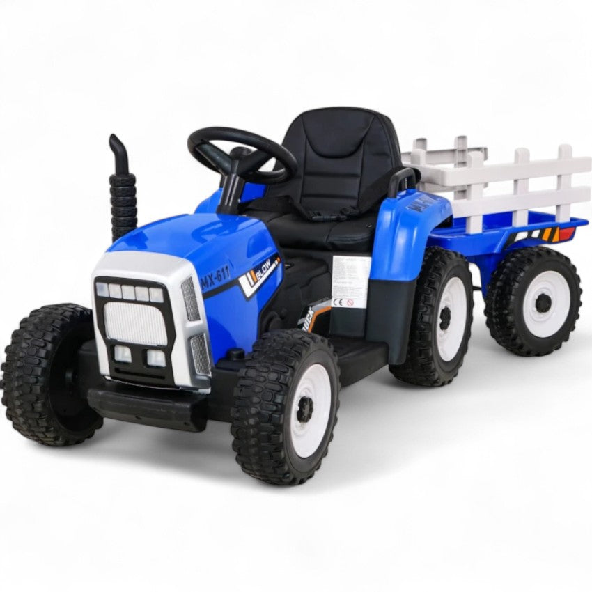 Tractor Eléctrico para Niños con Remolque 12v Azul c/ RUEDAS DE GOMA & ASIENTO DE PIEL