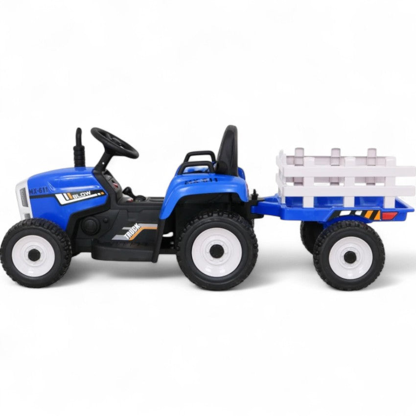 Tractor Eléctrico para Niños con Remolque 12v Azul c/ RUEDAS DE GOMA & ASIENTO DE PIEL