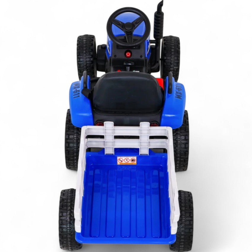 Tractor Eléctrico para Niños con Remolque 12v Azul c/ RUEDAS DE GOMA & ASIENTO DE PIEL