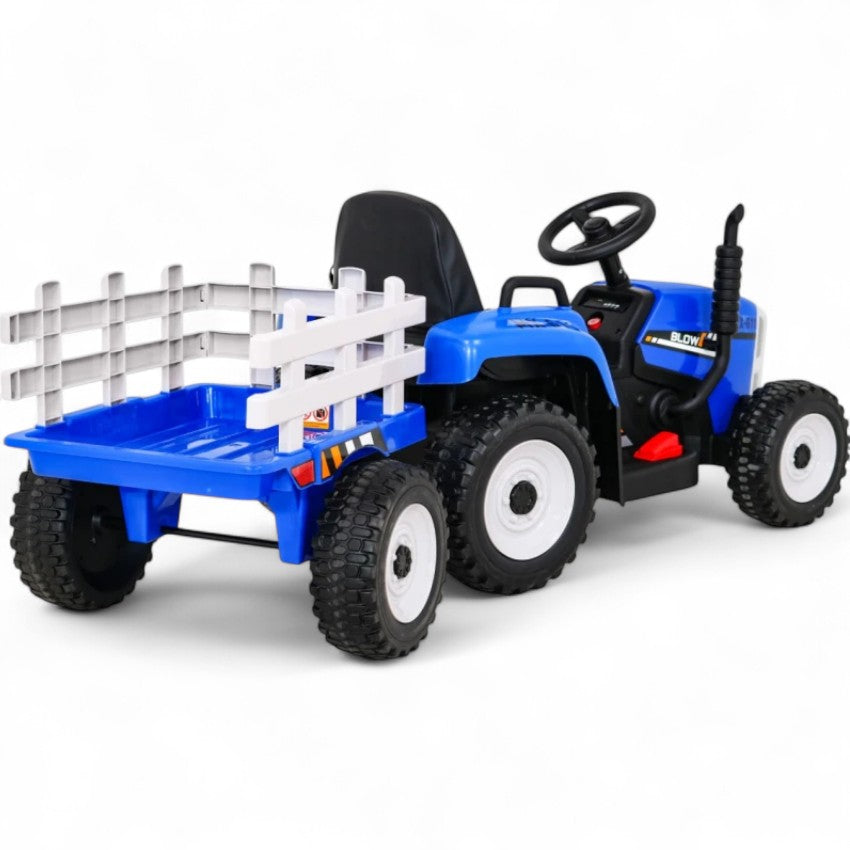 Tractor Eléctrico para Niños con Remolque 12v Azul c/ RUEDAS DE GOMA & ASIENTO DE PIEL
