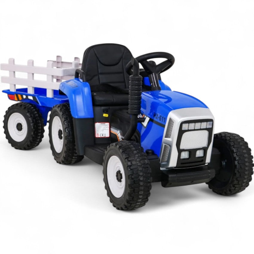Tractor Eléctrico para Niños con Remolque 12v Azul c/ RUEDAS DE GOMA & ASIENTO DE PIEL