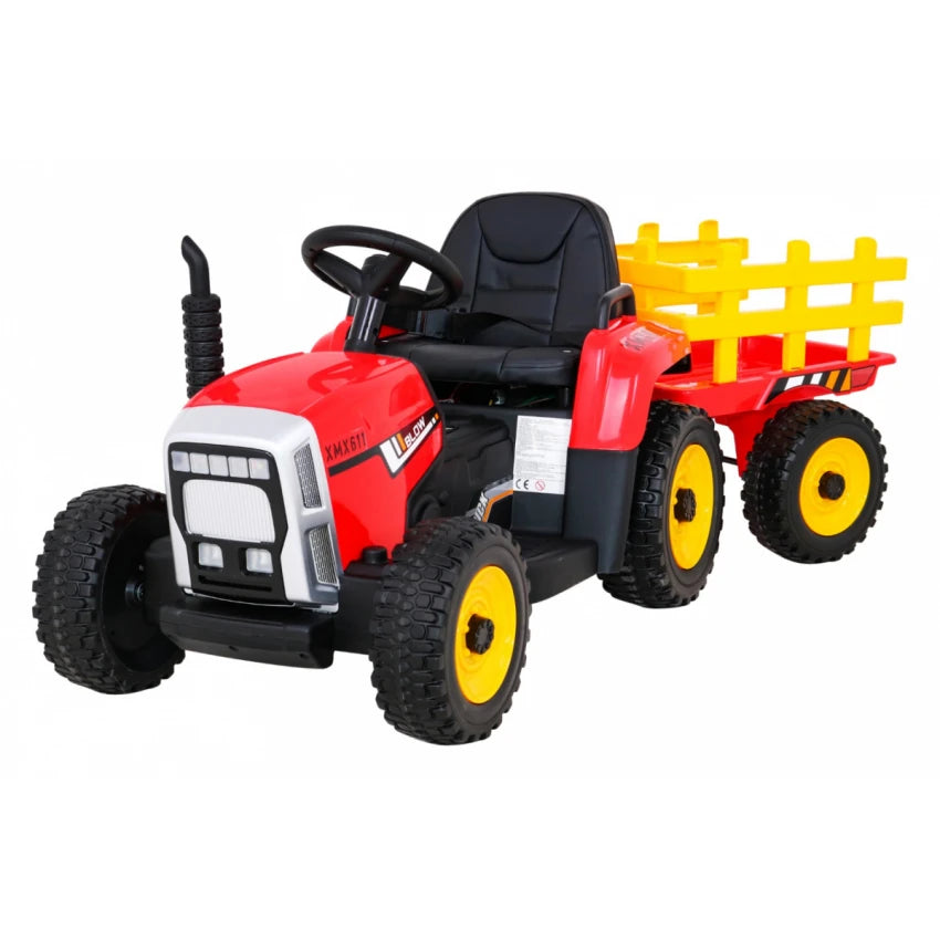 Trator Elétrico para Criança com Atrelado 12v Vermelho c/ RODAS DE BORRACHA & ASSENTO EM PELE