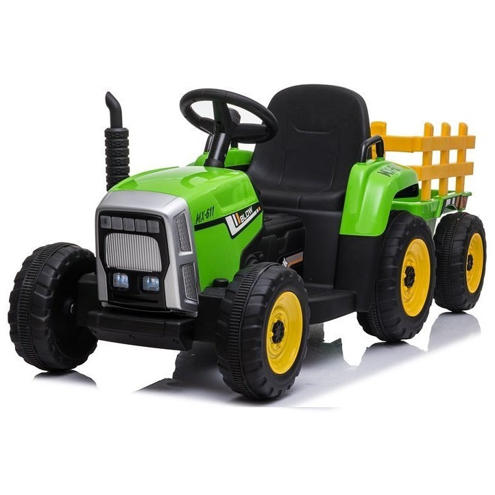 Trator Elétrico para Criança com Atrelado 12v Verde c/ RODAS DE BORRACHA & ASSENTO EM PELE