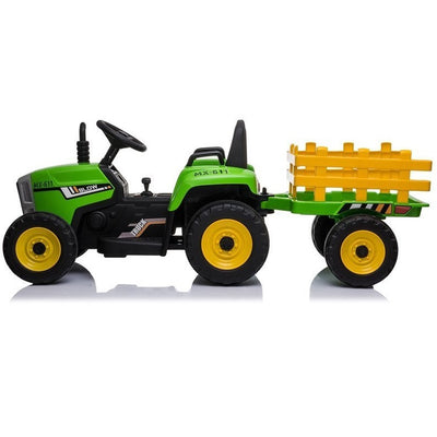 Trator Elétrico para Criança com Atrelado 12v Verde c/ RODAS DE BORRACHA & ASSENTO EM PELE