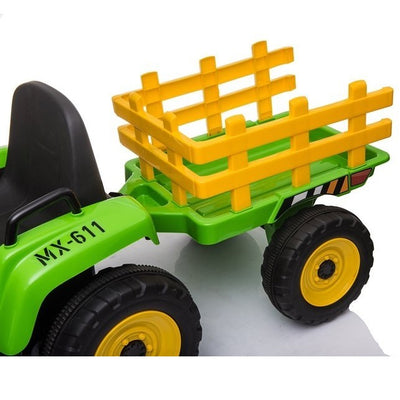 Trator Elétrico para Criança com Atrelado 12v Verde c/ RODAS DE BORRACHA & ASSENTO EM PELE